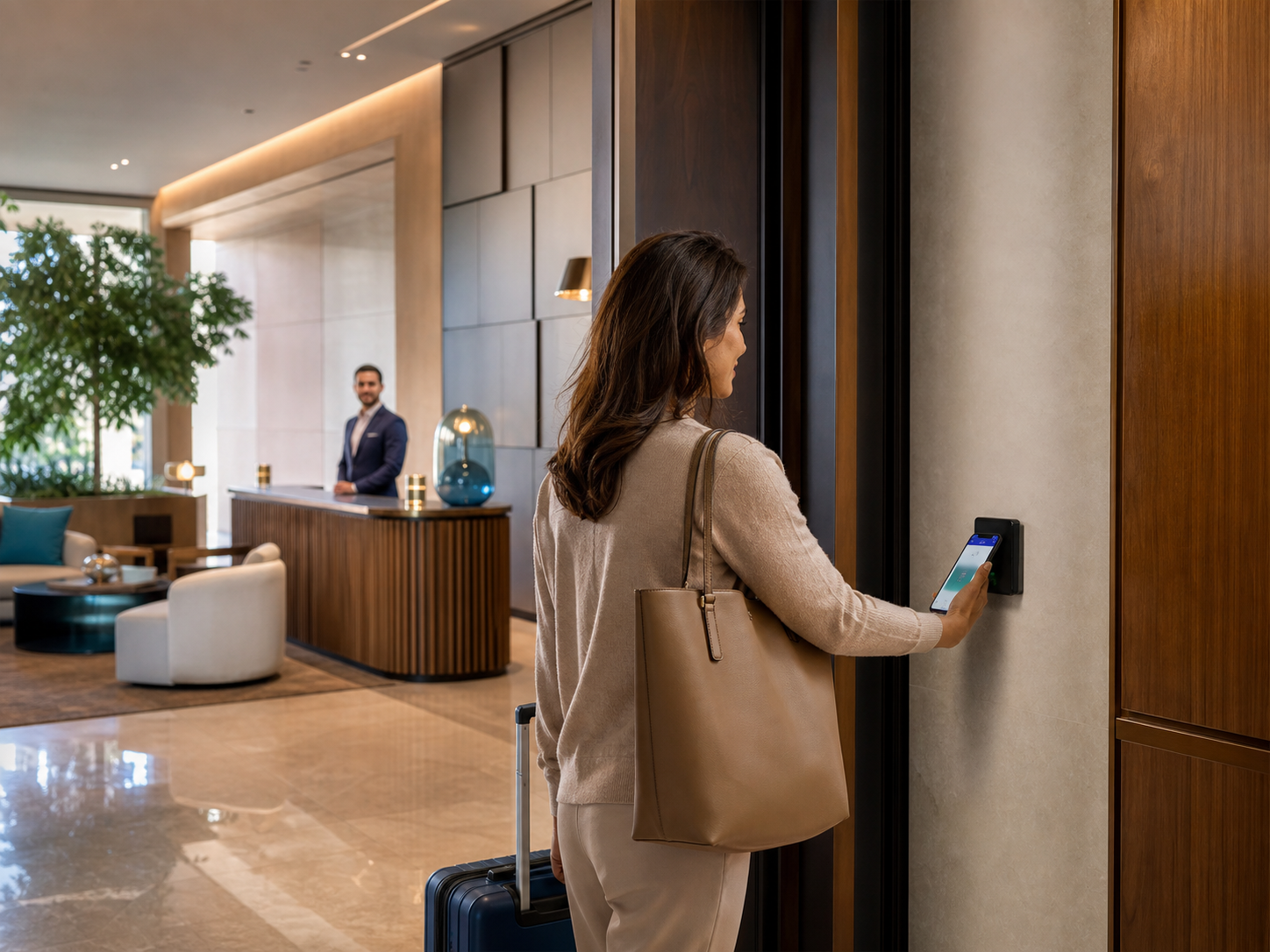 Ospite che accede a una struttura hospitality tramite smartphone e varco intelligente