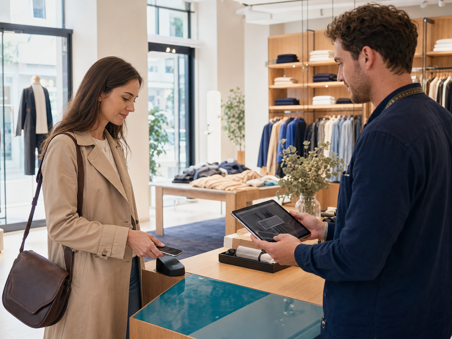 Cliente riconosciuto in un moderno negozio omnicanale con smartphone e assistenza digitale